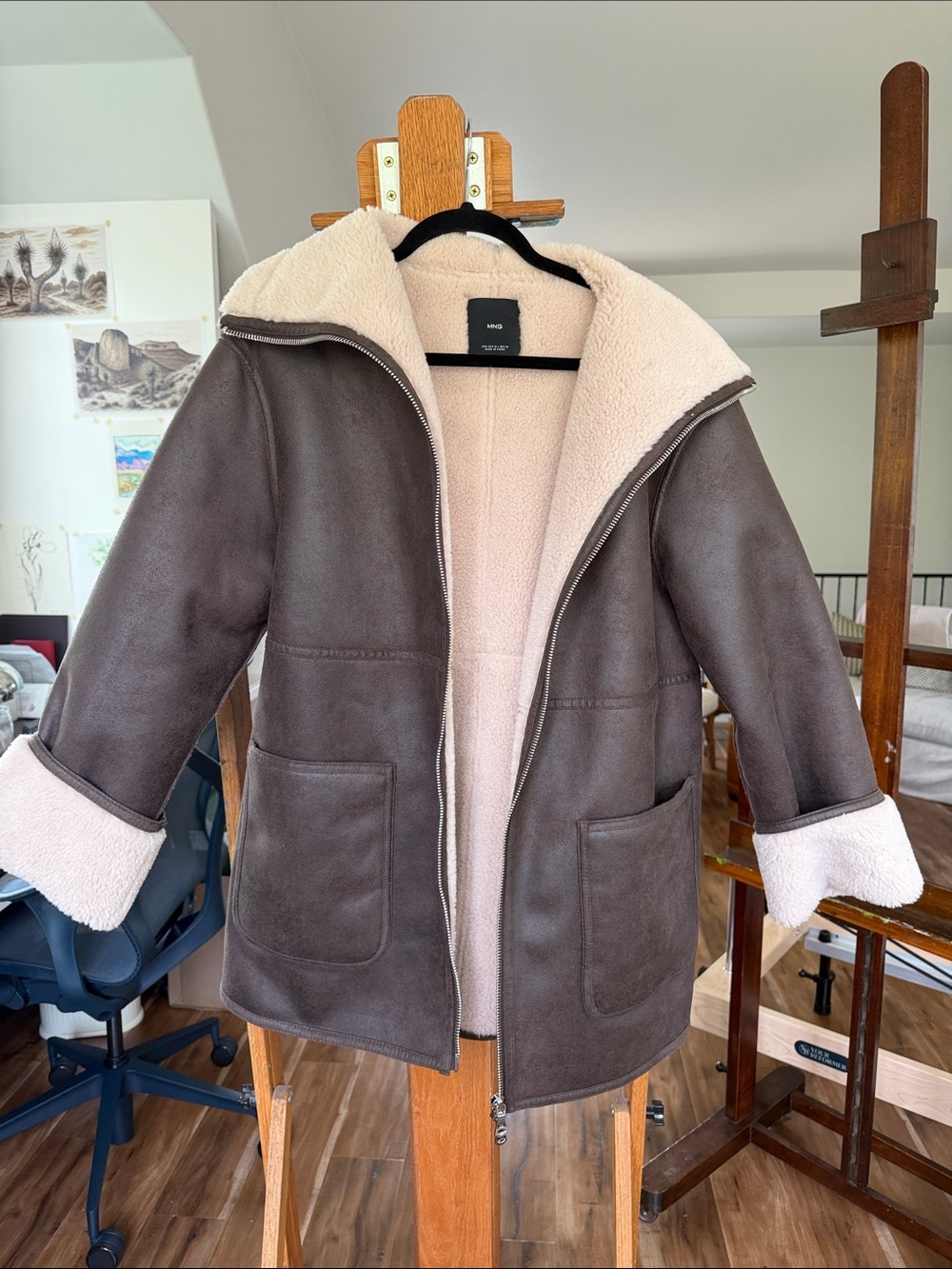 Mango Cream Faux Shearling Jacket with Black Trim